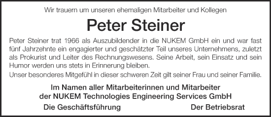 Traueranzeige von Peter Steiner von Gelnhäuser Neue Zeitung