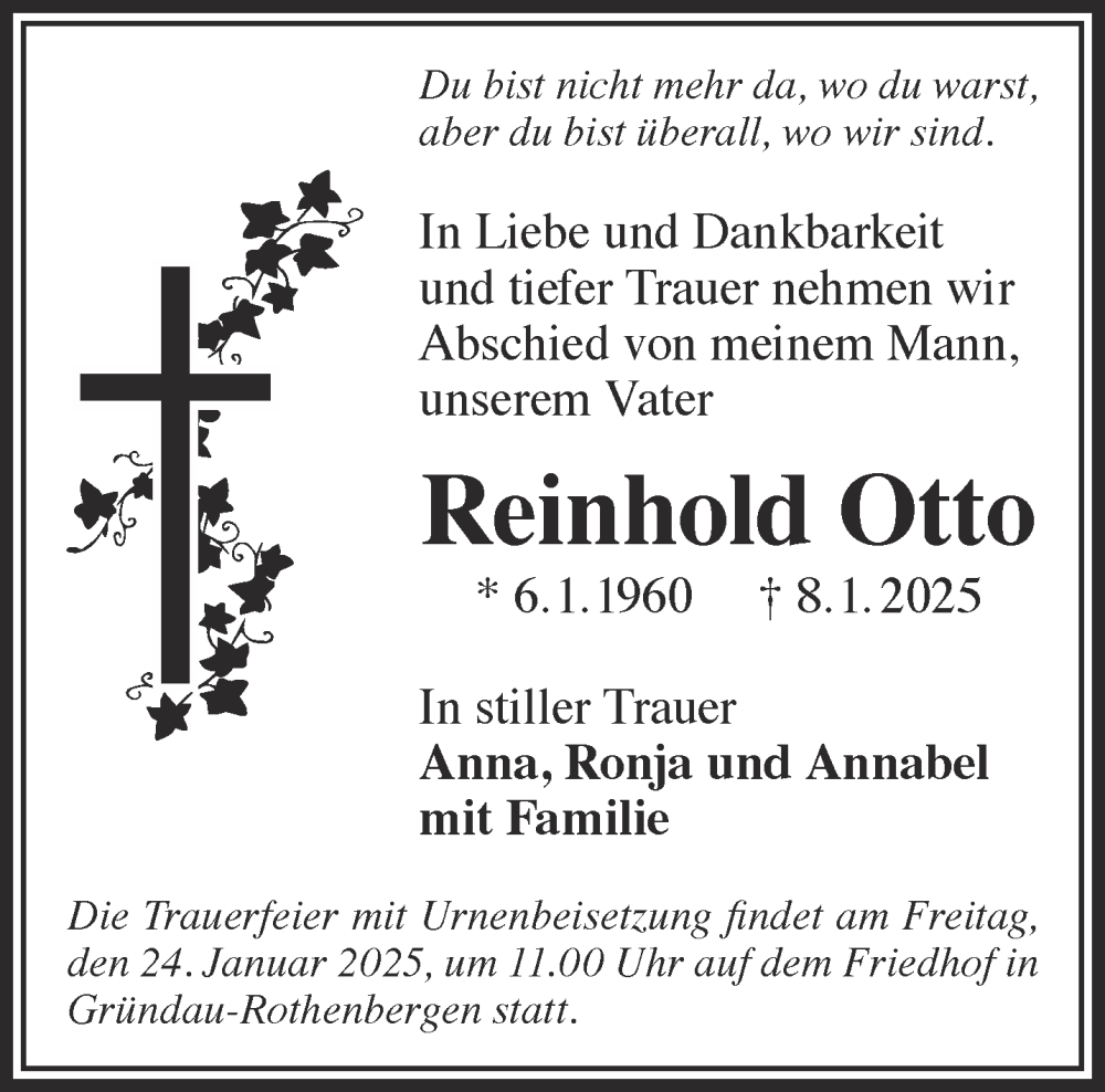  Traueranzeige für Reinhold Otto vom 18.01.2025 aus Gelnhäuser Neue Zeitung