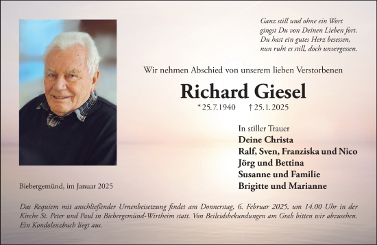 Traueranzeige von Richard Giesel von Gelnhäuser Neue Zeitung