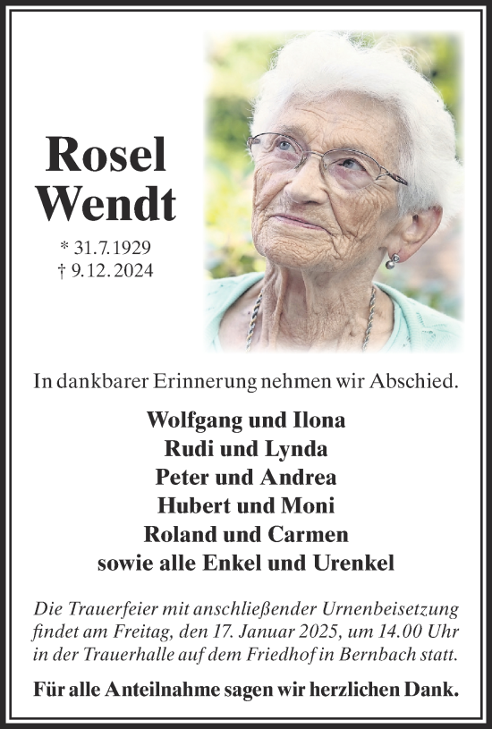 Traueranzeige von Rosel Wendt von Gelnhäuser Neue Zeitung