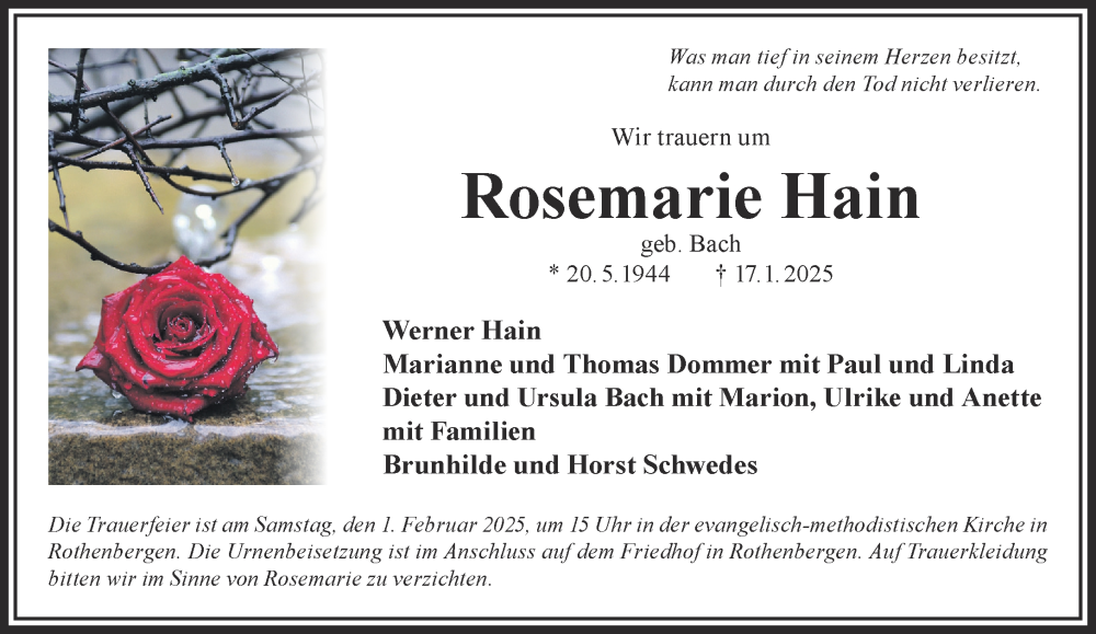  Traueranzeige für Rosemarie Hain vom 25.01.2025 aus Gelnhäuser Neue Zeitung
