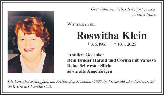 Traueranzeige von Roswitha Klein von Gelnhäuser Neue Zeitung