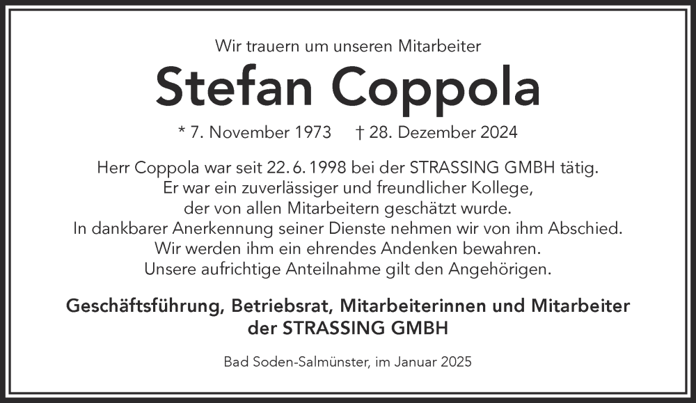  Traueranzeige für Stefan Coppola vom 15.01.2025 aus Gelnhäuser Neue Zeitung