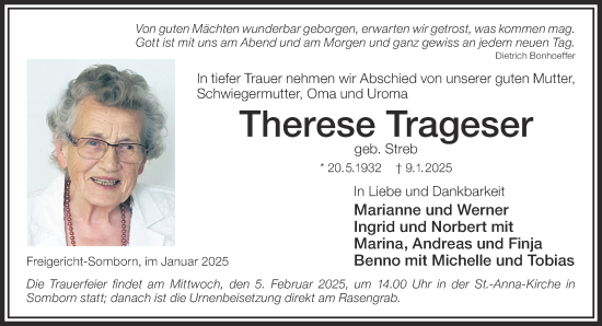 Traueranzeige von Therese Trageser von Gelnhäuser Neue Zeitung