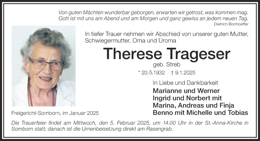  Traueranzeige für Therese Trageser vom 25.01.2025 aus Gelnhäuser Neue Zeitung
