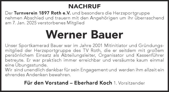 Traueranzeige von Werner Bauer von Gelnhäuser Neue Zeitung