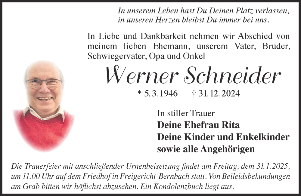  Traueranzeige für Werner Schneider vom 25.01.2025 aus Gelnhäuser Neue Zeitung