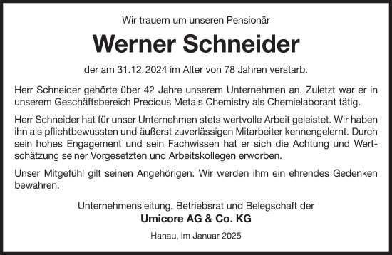Traueranzeige von Werner Schneider von Gelnhäuser Neue Zeitung