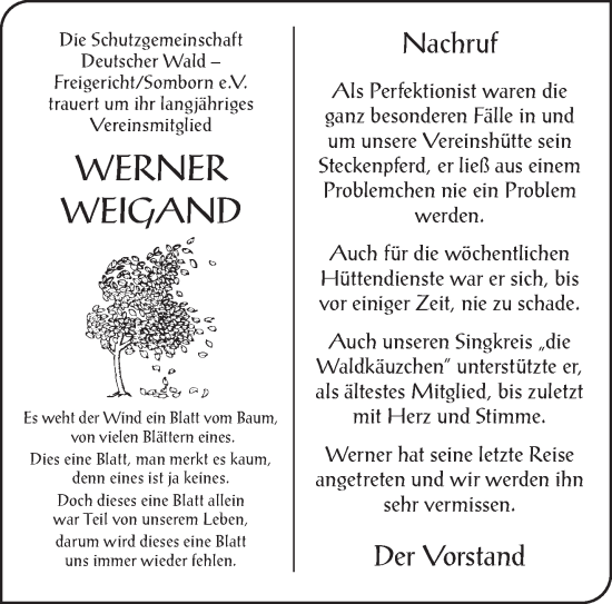 Traueranzeige von Werner Weigand von Gelnhäuser Neue Zeitung