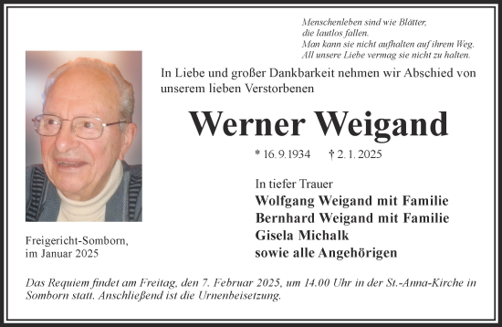 Traueranzeige von Werner Weigand von Gelnhäuser Neue Zeitung