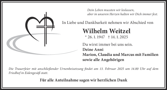 Traueranzeige von Wilhelm Weitzel von Gelnhäuser Neue Zeitung