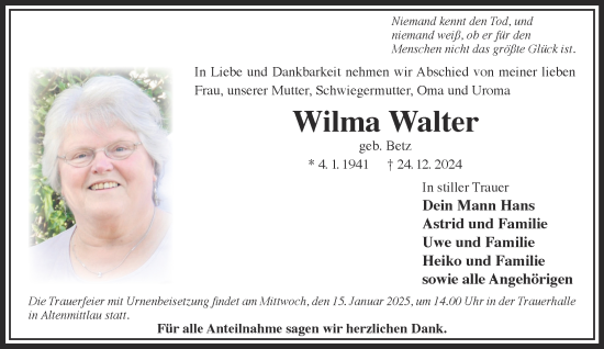 Traueranzeige von Wilma Walter von Gelnhäuser Neue Zeitung