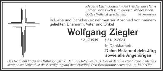 Traueranzeige von Wolfgang Ziegler von Gelnhäuser Neue Zeitung