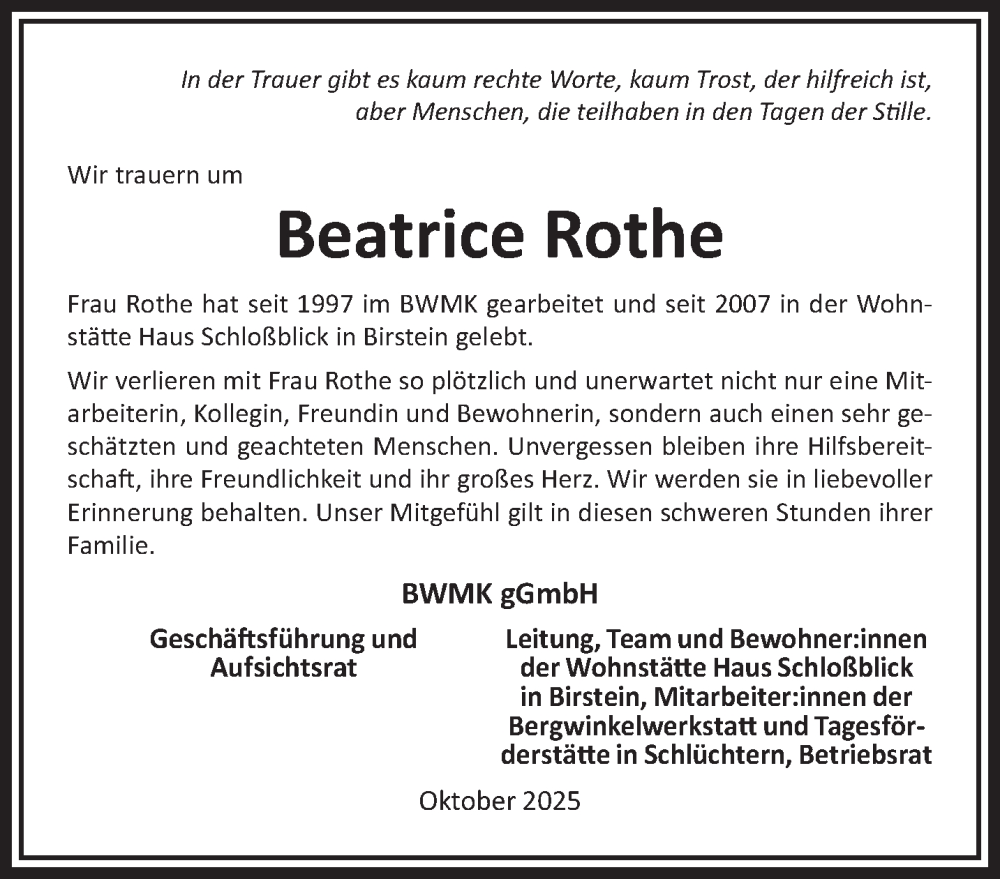  Traueranzeige für Beatrice Rothe vom 18.10.2025 aus Gelnhäuser Neue Zeitung