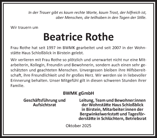 Traueranzeige von Beatrice Rothe von Gelnhäuser Neue Zeitung