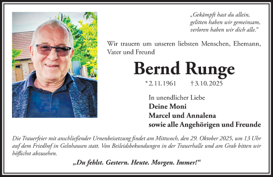 Traueranzeige von Bernd Runge von Gelnhäuser Neue Zeitung