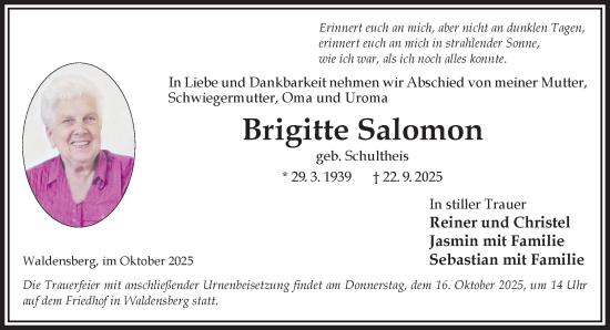 Traueranzeige von Brigitte Salomon von Gelnhäuser Neue Zeitung