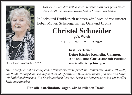 Traueranzeige von Christel Schneider von Gelnhäuser Neue Zeitung