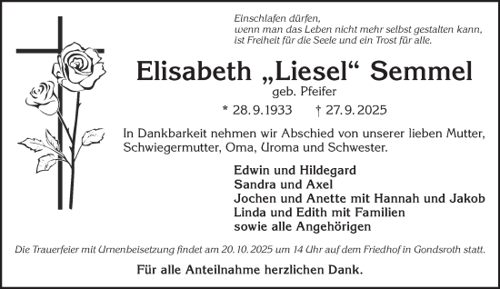 Traueranzeige von Elisabeth Semmel von Gelnhäuser Neue Zeitung