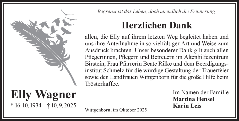  Traueranzeige für Elly Wagner vom 25.10.2025 aus Gelnhäuser Neue Zeitung