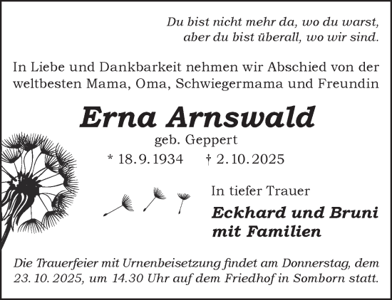 Traueranzeige von Erna Arnswald von Gelnhäuser Neue Zeitung