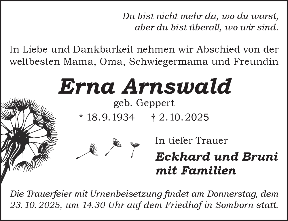  Traueranzeige für Erna Arnswald vom 18.10.2025 aus Gelnhäuser Neue Zeitung