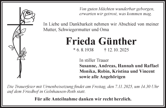 Traueranzeige von Frieda Günther von Gelnhäuser Neue Zeitung