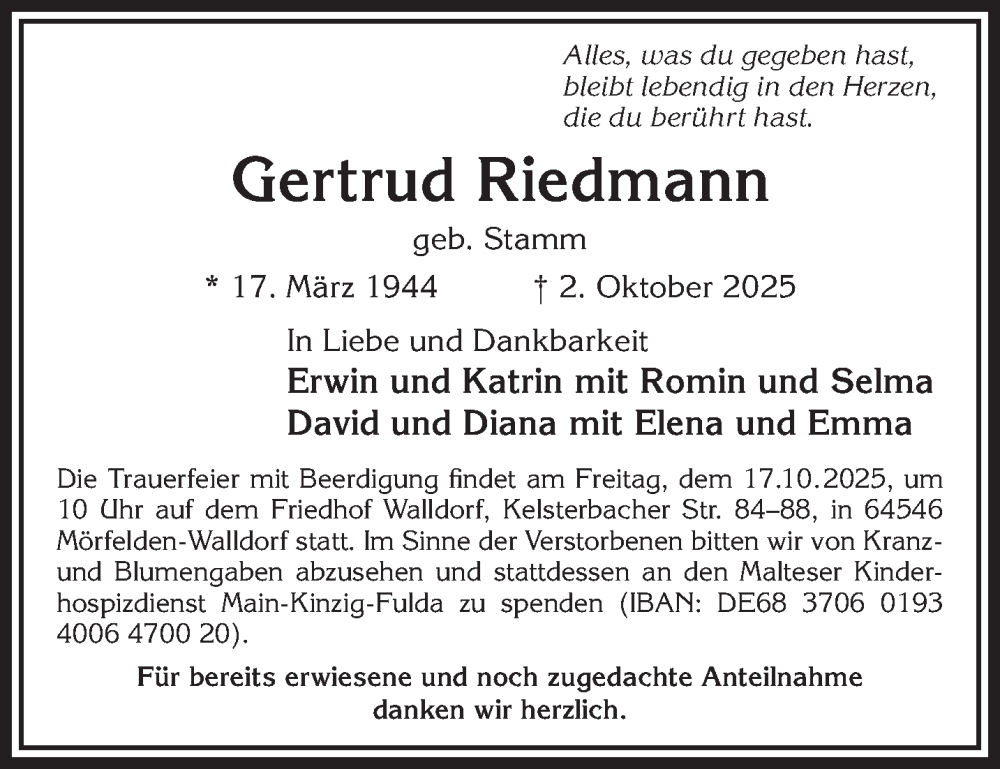  Traueranzeige für Gertrud Riedmann vom 11.10.2025 aus Gelnhäuser Neue Zeitung