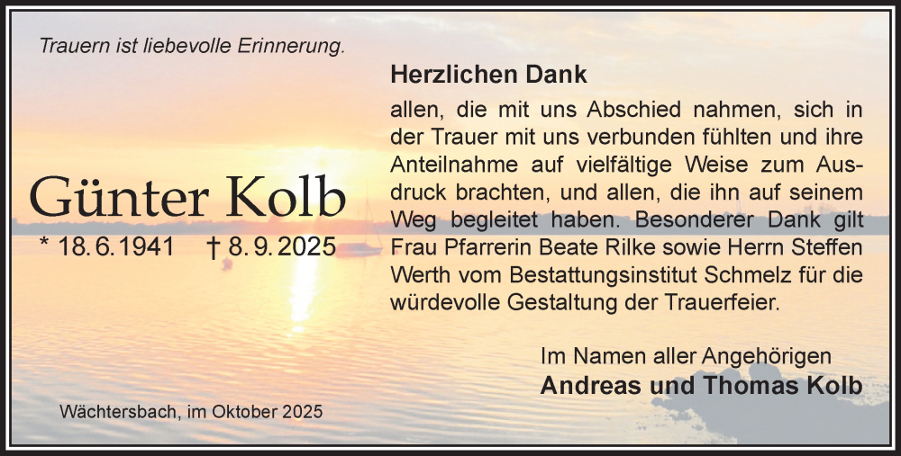  Traueranzeige für Günter Kolb vom 11.10.2025 aus Mittelhessen-Bote