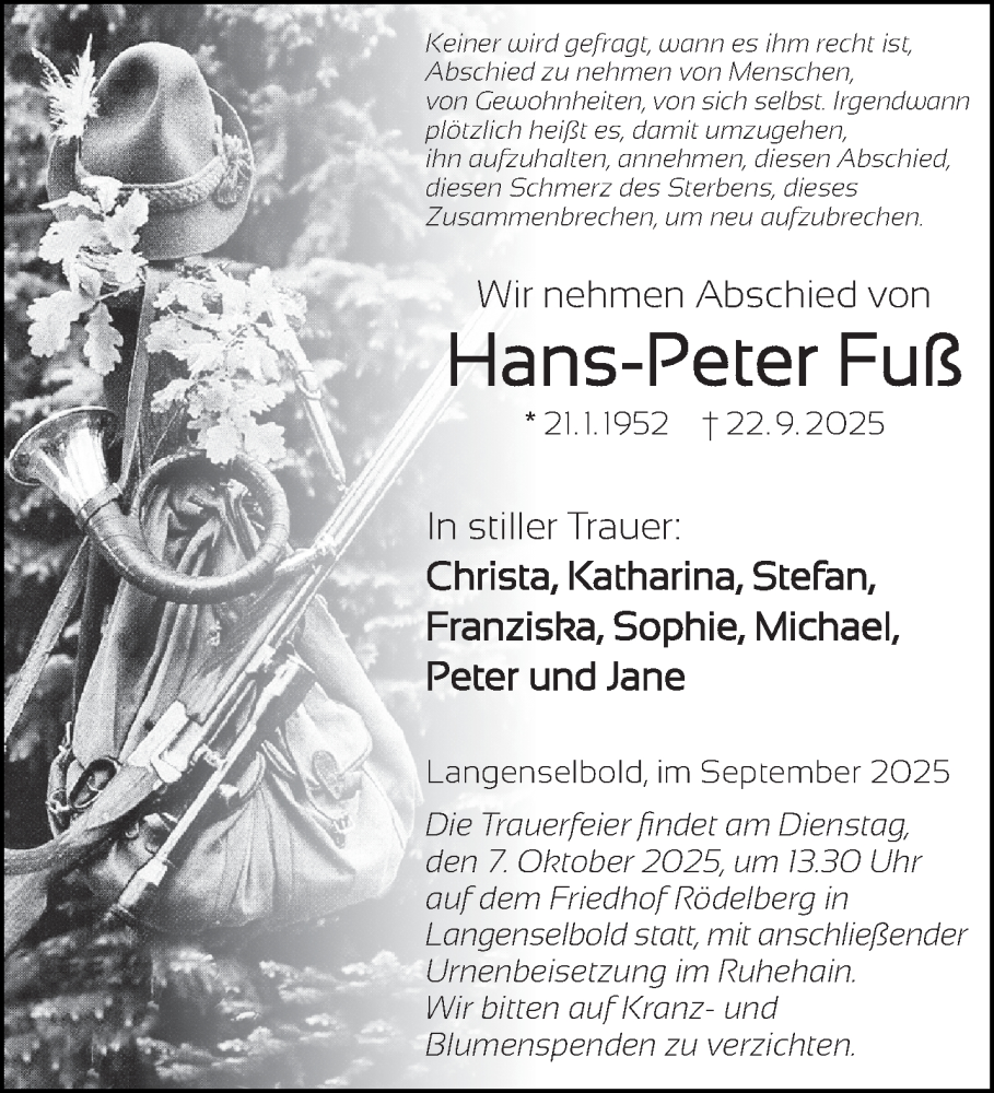  Traueranzeige für Hans-Peter Fuß vom 04.10.2025 aus Gelnhäuser Neue Zeitung