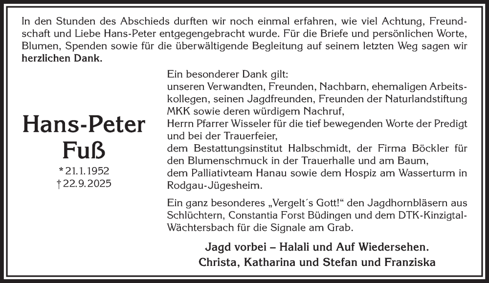  Traueranzeige für Hans-Peter Fuß vom 01.11.2025 aus Gelnhäuser Neue Zeitung