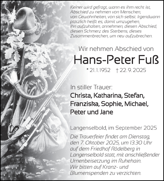 Traueranzeige von Hans-Peter Fuß von Gelnhäuser Neue Zeitung