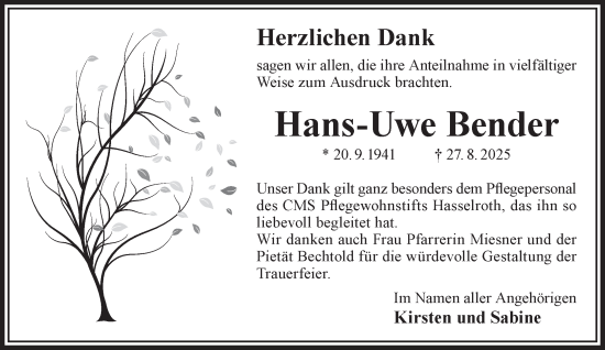 Traueranzeige von Hans-Uwe Bender von Gelnhäuser Neue Zeitung