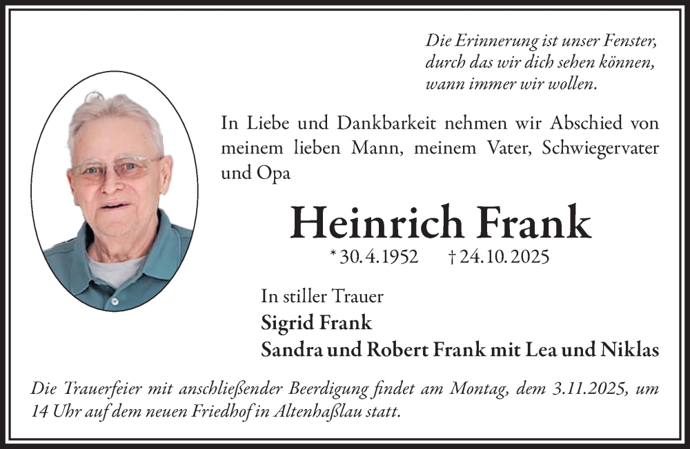  Traueranzeige für Heinrich Frank vom 01.11.2025 aus Mittelhessen-Bote