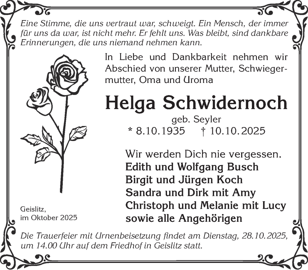  Traueranzeige für Helga Schwidernoch vom 25.10.2025 aus Mittelhessen-Bote