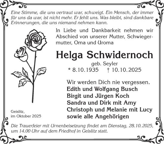 Traueranzeige von Helga Schwidernoch von Gelnhäuser Neue Zeitung