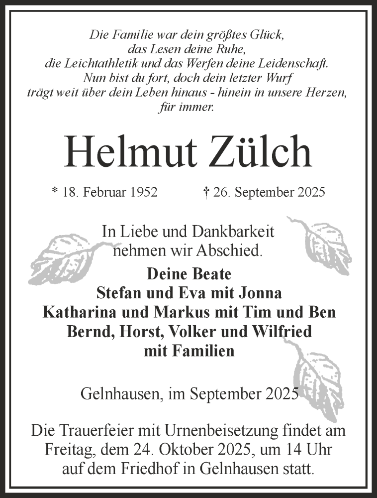  Traueranzeige für Helmut Zülch vom 15.10.2025 aus Gelnhäuser Neue Zeitung