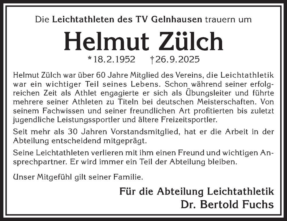  Traueranzeige für Helmut Zülch vom 11.10.2025 aus Gelnhäuser Neue Zeitung