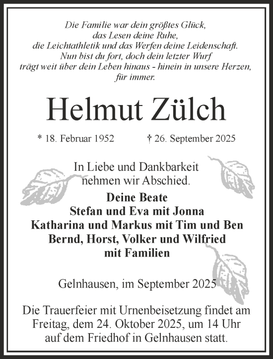 Traueranzeige von Helmut Zülch von Gelnhäuser Neue Zeitung