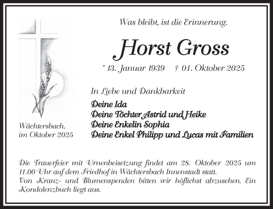 Traueranzeige von Horst Gross von Gelnhäuser Neue Zeitung