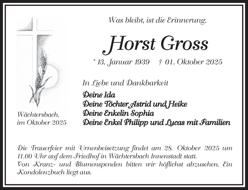  Traueranzeige für Horst Gross vom 25.10.2025 aus Mittelhessen-Bote