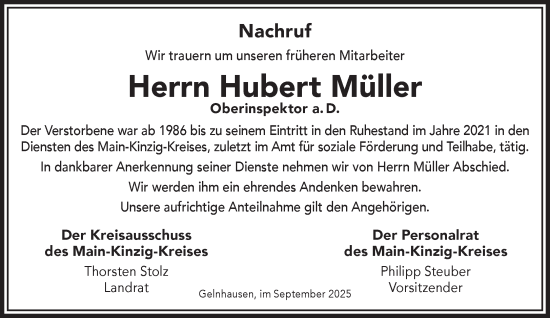 Traueranzeige von Hubert Müller von Mittelhessen-Bote