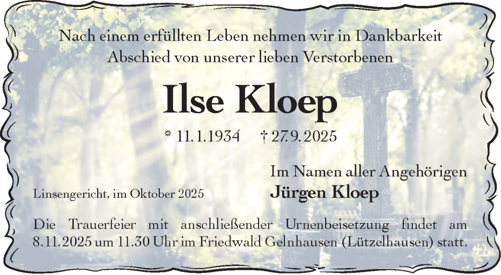  Traueranzeige für Ilse Kloep vom 25.10.2025 aus Gelnhäuser Neue Zeitung