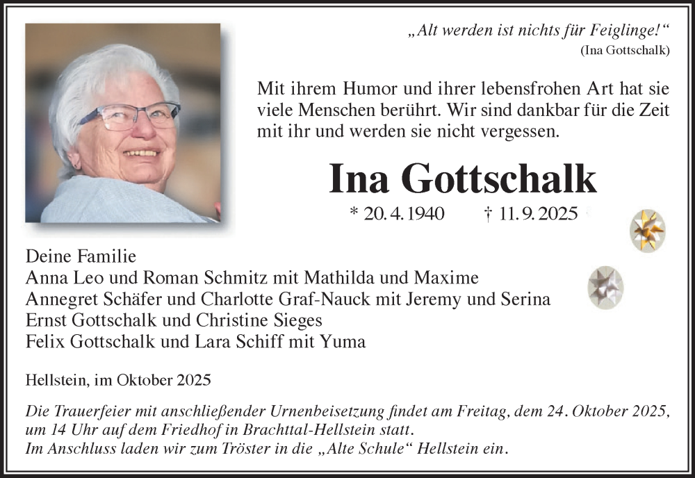  Traueranzeige für Ina Gottschalk vom 11.10.2025 aus Gelnhäuser Neue Zeitung