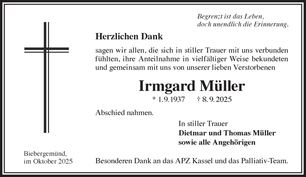  Traueranzeige für Irmgard Müller vom 01.11.2025 aus Gelnhäuser Neue Zeitung