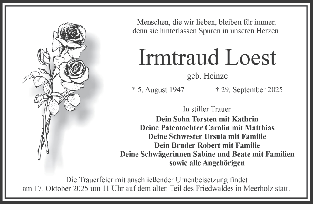  Traueranzeige für Irmtraud Loest vom 11.10.2025 aus Mittelhessen-Bote