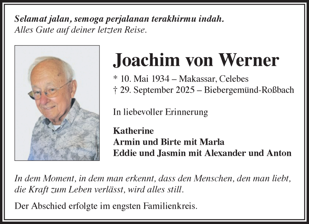  Traueranzeige für Joachim von Werner vom 11.10.2025 aus Gelnhäuser Neue Zeitung