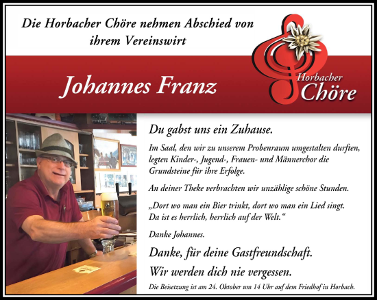 Traueranzeige von Johannes Franz von Gelnhäuser Neue Zeitung