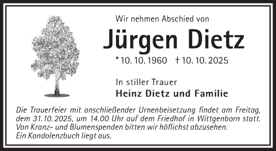 Traueranzeige von Jürgen Dietz von Gelnhäuser Neue Zeitung
