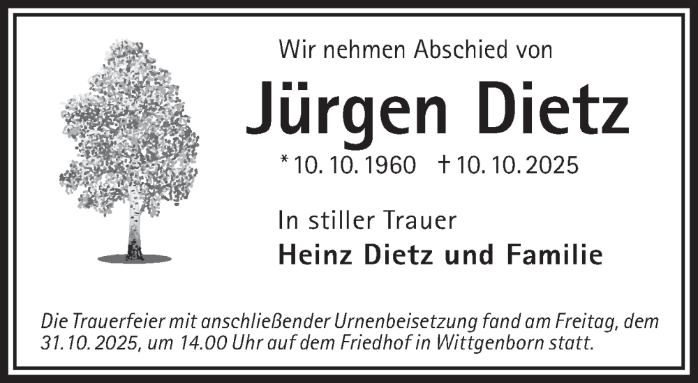  Traueranzeige für Jürgen Dietz vom 01.11.2025 aus Mittelhessen-Bote